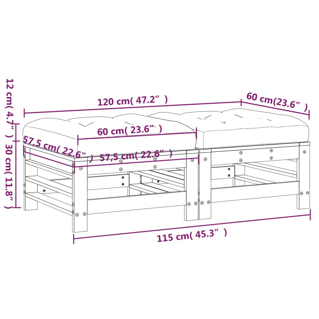 vidaXL Gartenhocker mit Kissen 2 Stk. Grau Massivholz Kiefer