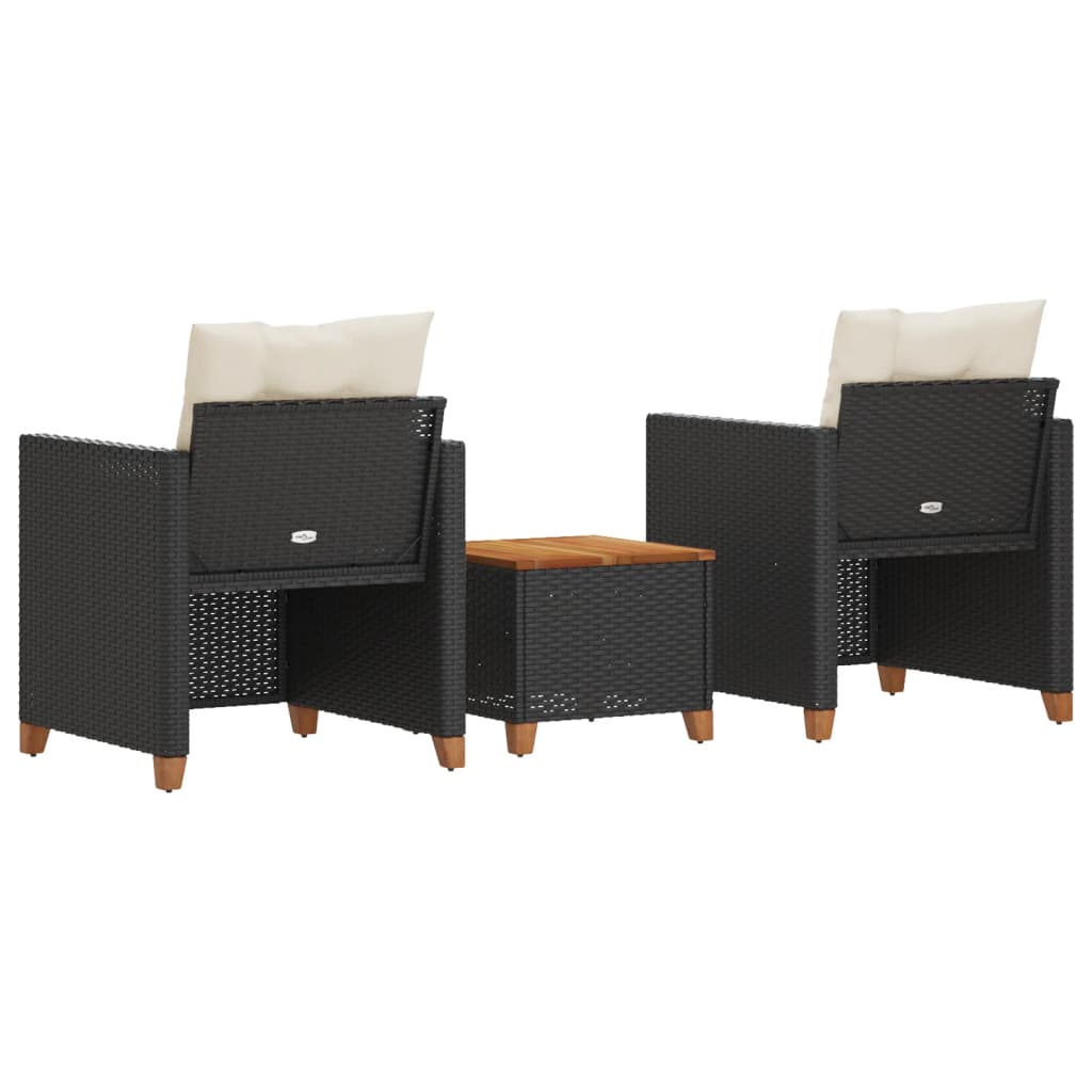 vidaXL 3-tlg. Bistro-Set mit Kissen Schwarz Poly Rattan Akazienholz