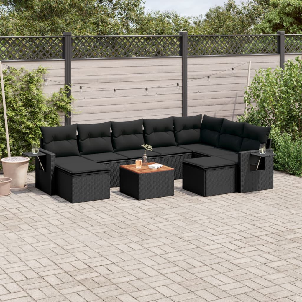 vidaXL 10-tlg. Garten-Sofagarnitur mit Kissen Schwarz Poly Rattan