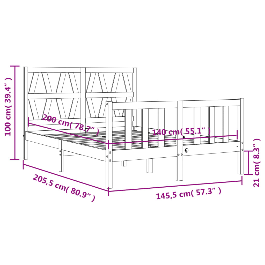 vidaXL Massivholzbett mit Kopfteil Schwarz 140x200 cm