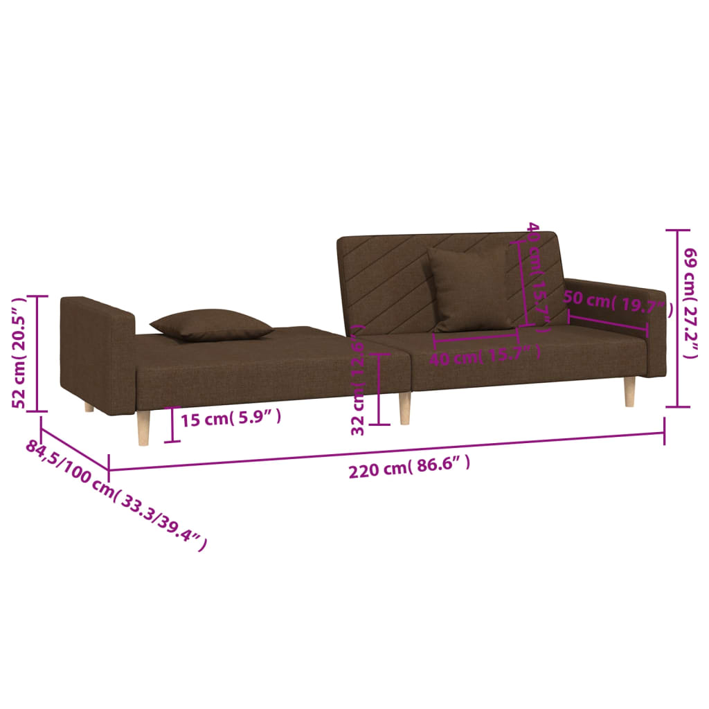 vidaXL Schlafsofa 2-Sitzer mit 2 Kissen Braun Stoff