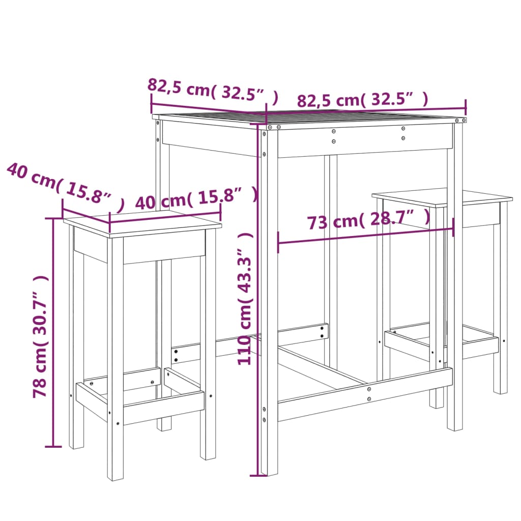 vidaXL 3-tlg. Gartenbar-Set Honigbraun Massivholz Kiefer