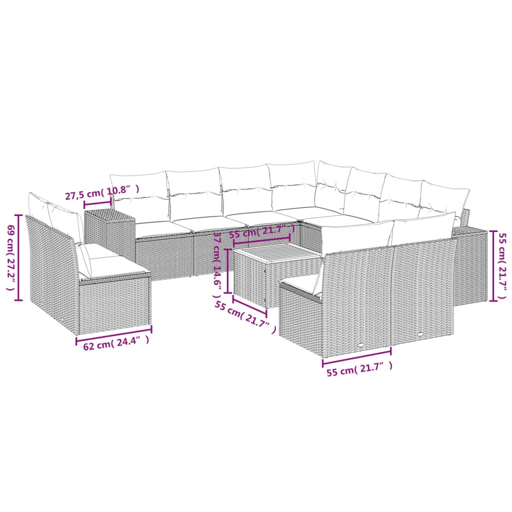 vidaXL 12-tlg. Garten-Sofagarnitur mit Kissen Grau Poly Rattan