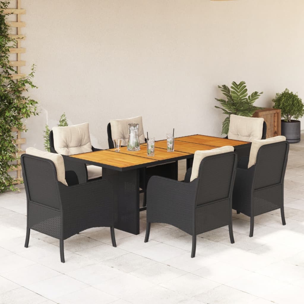 vidaXL 7-tlg. Garten-Essgruppe mit Kissen Schwarz Poly Rattan