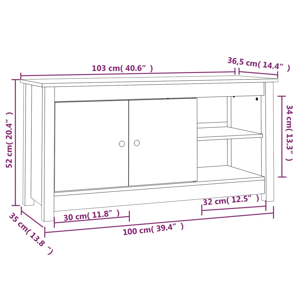 vidaXL TV-Schrank Weiß 103x36,5x52 cm Massivholz Kiefer