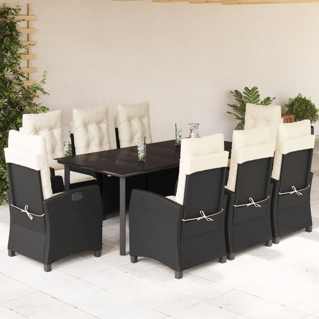 vidaXL 9-tlg. Garten-Essgruppe mit Kissen Schwarz Poly Rattan