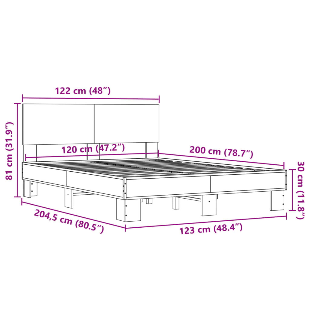 vidaXL Bettgestell Sonoma-Eiche 120x200 cm Holzwerkstoff und Metall