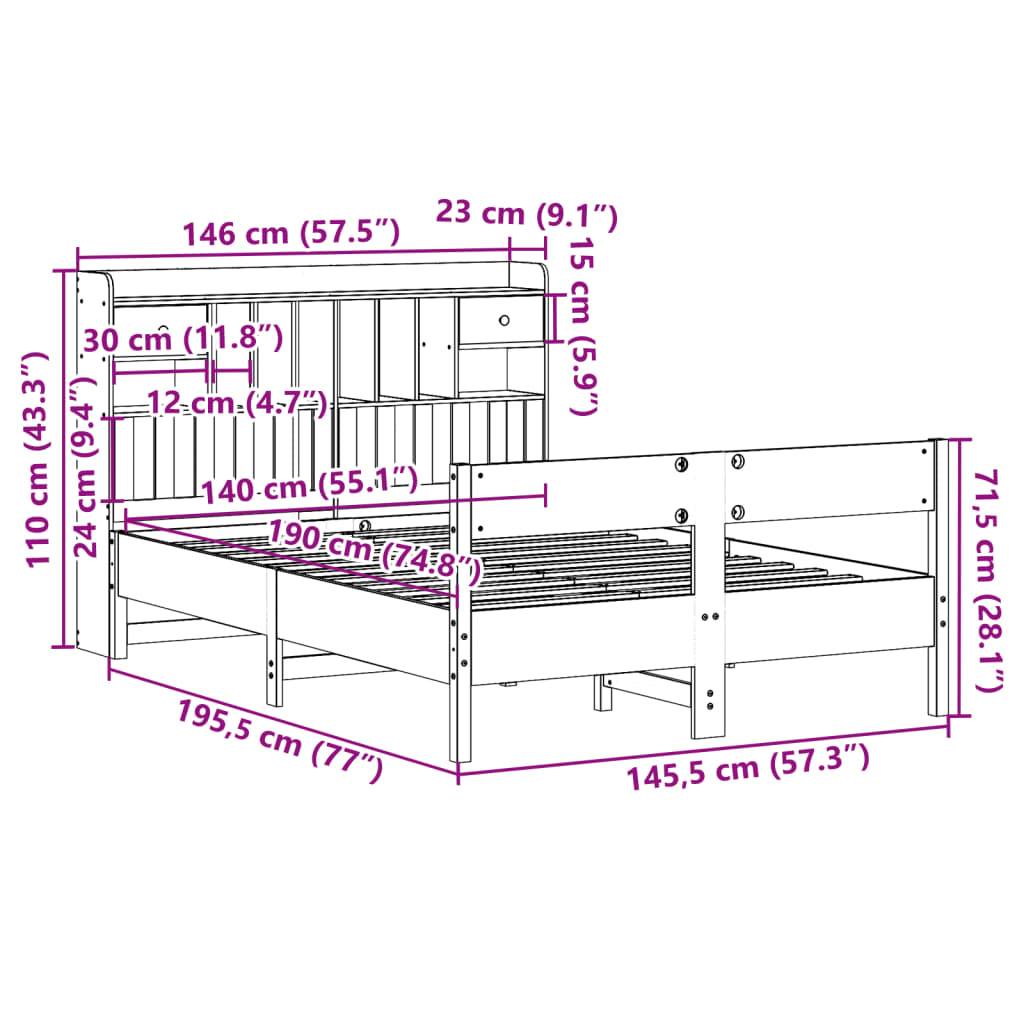 vidaXL Massivholzbett mit Regal ohne Matratze Wachsbraun 140x190 cm