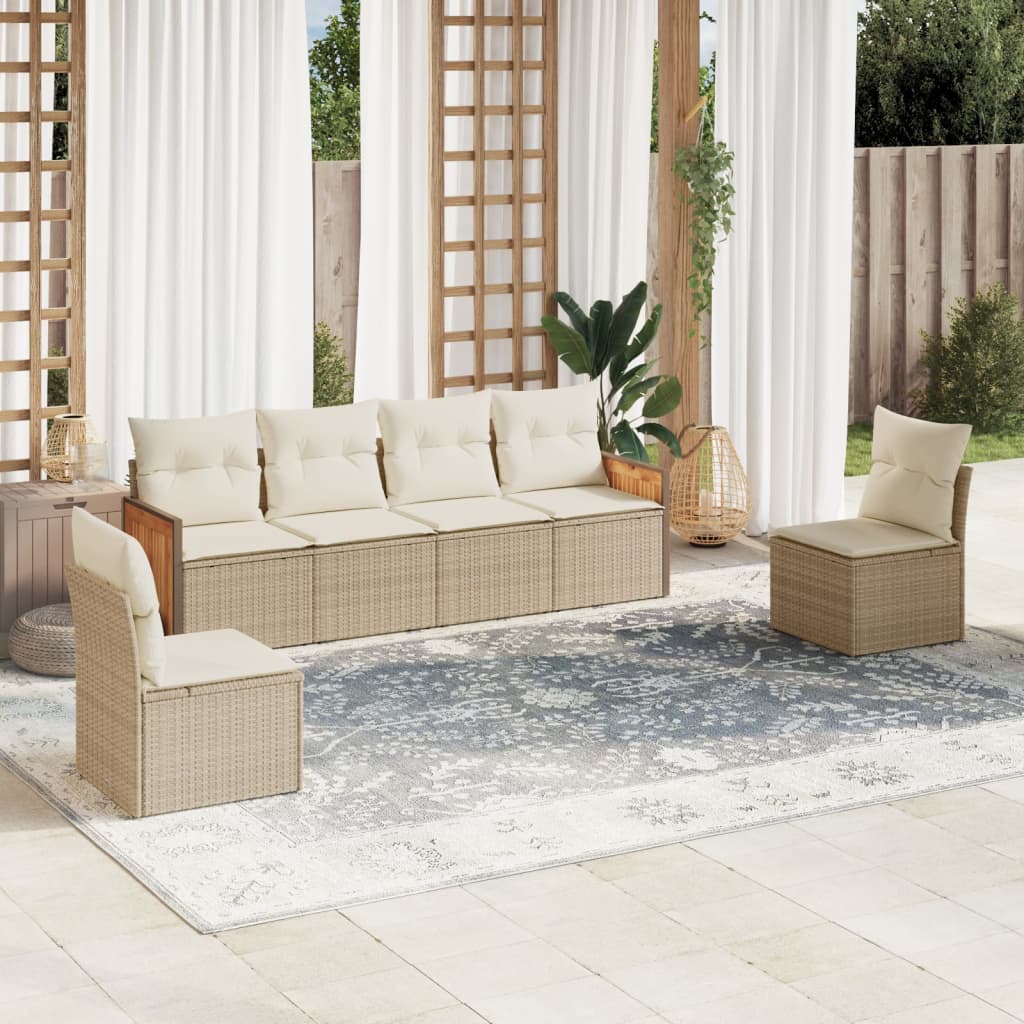 vidaXL 6-tlg. Garten-Sofagarnitur mit Kissen Beige Poly Rattan