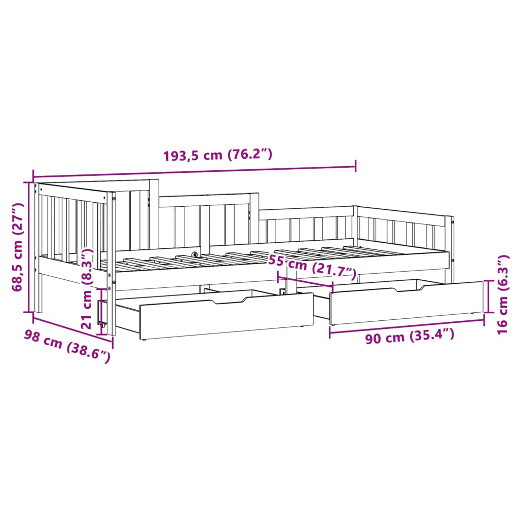 vidaXL Tagesbett mit Schubladen Weiß 90x200 cm Kiefernholz