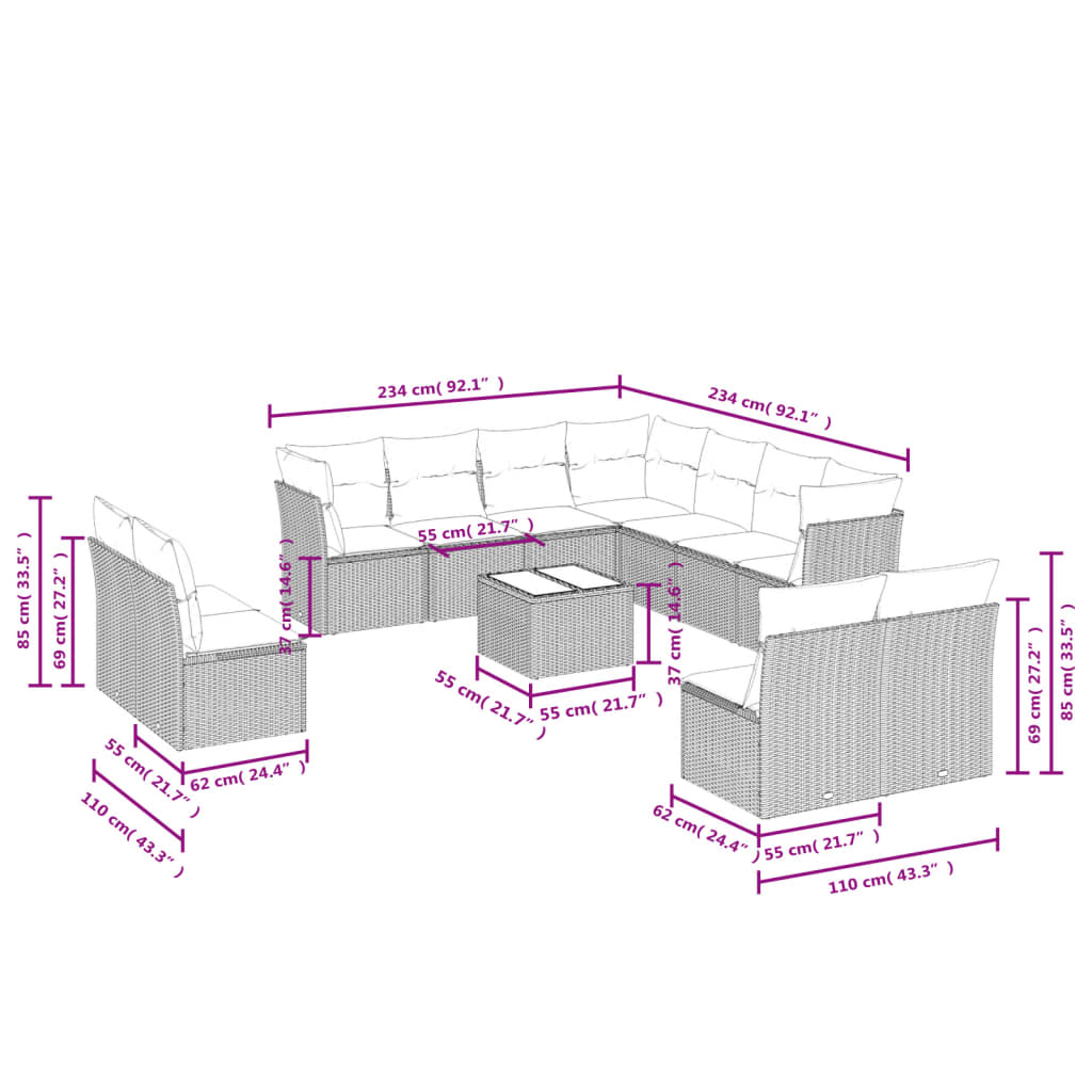 vidaXL 12-tlg. Garten-Sofagarnitur mit Kissen Hellgrau Poly Rattan