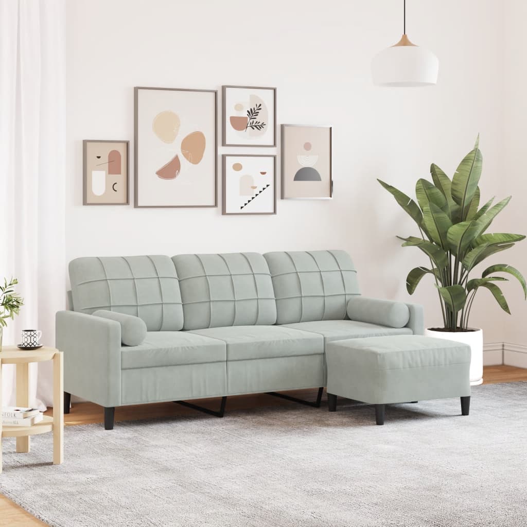 vidaXL 3-Sitzer-Sofa mit Hocker Hellgrau 180 cm Samt