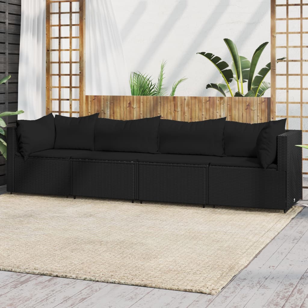 vidaXL 4-tlg. Garten-Lounge-Set mit Kissen Schwarz Poly Rattan