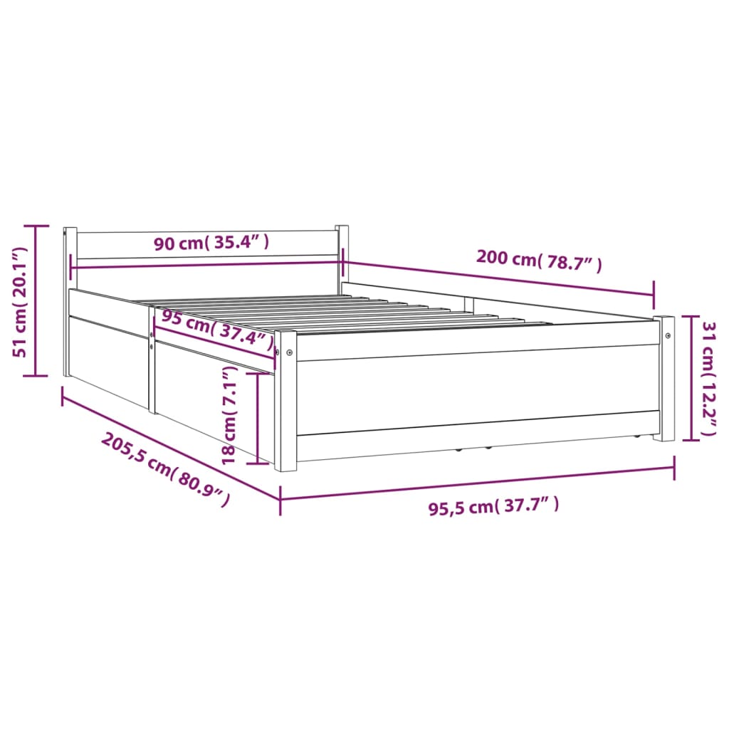 vidaXL Bett mit Schubladen 90x200 cm