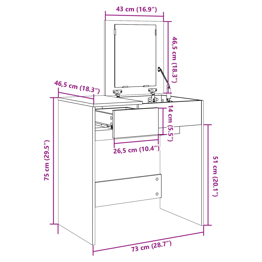 vidaXL Schminktisch mit Spiegel Braun Eichen-Optik 73x46,5x120 cm