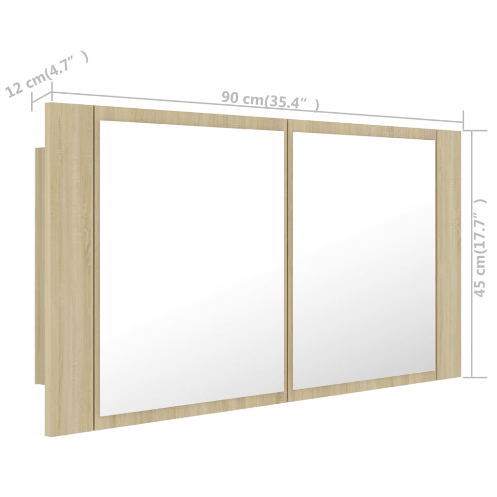 vidaXL LED-Bad-Spiegelschrank Sonoma-Eiche 90x12x45 cm Acryl