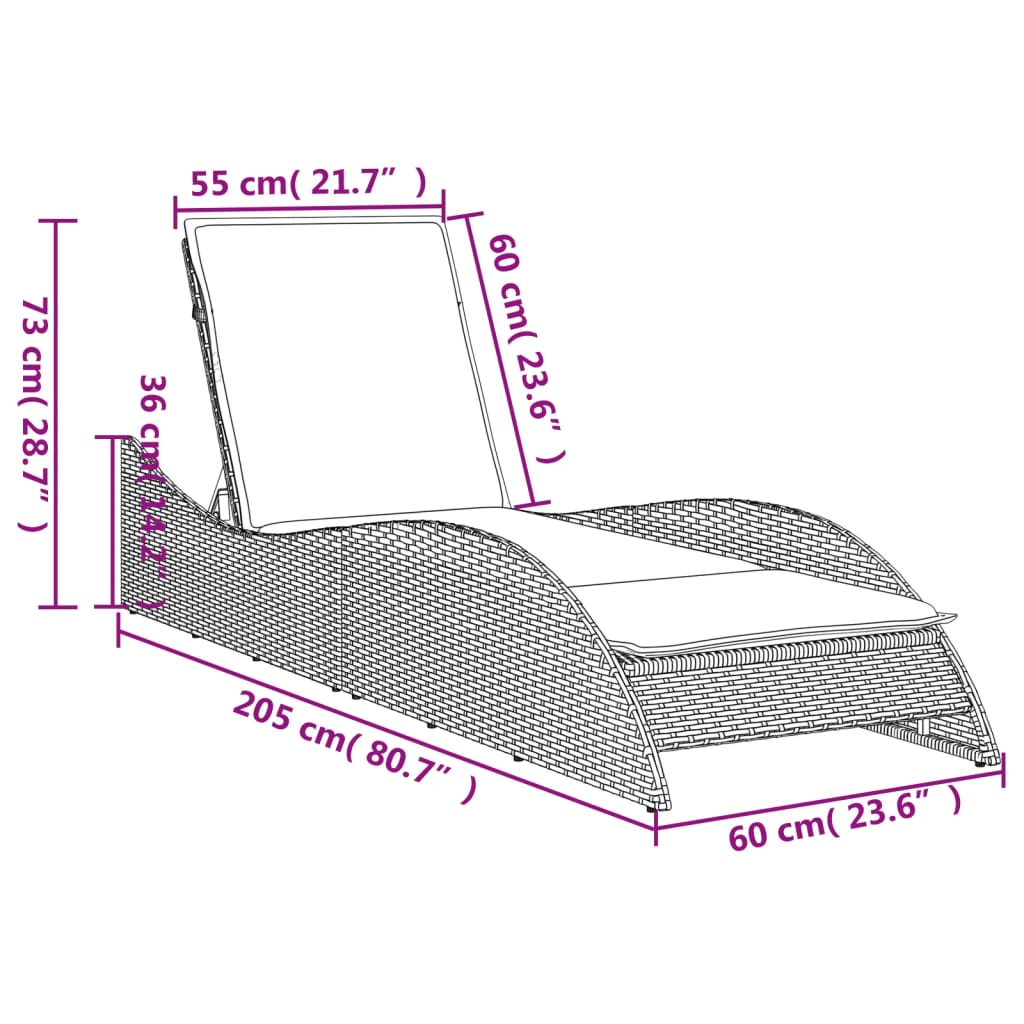 vidaXL Sonnenliege mit Auflage Hellgrau 60x205x73 cm Poly Rattan