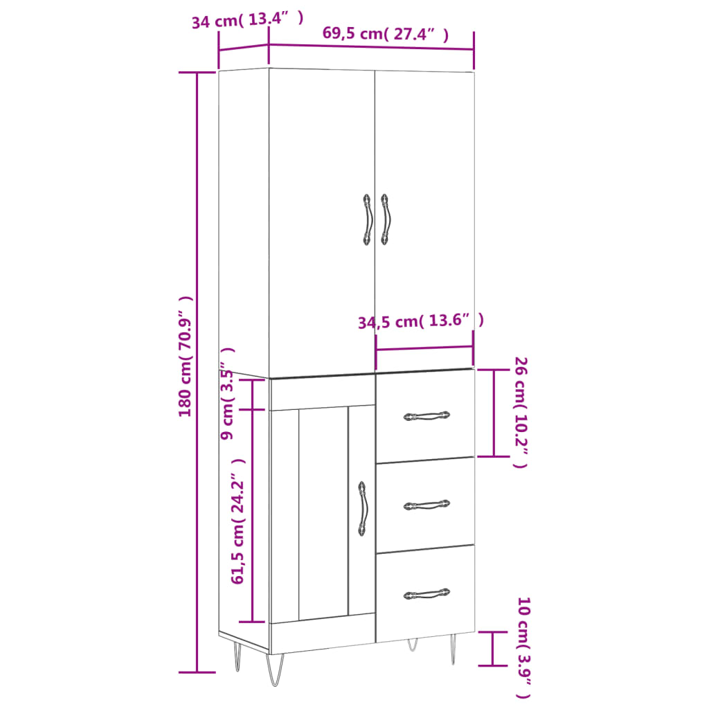 vidaXL Highboard Braun Eichen-Optik 69,5x34x180 cm Holzwerkstoff