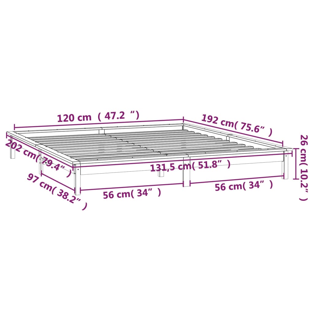 vidaXL Massivholzbett mit LEDs Schwarz 120x190 cm