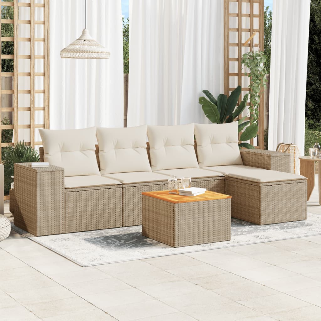 vidaXL 6-tlg. Garten-Sofagarnitur mit Kissen Beige Poly Rattan