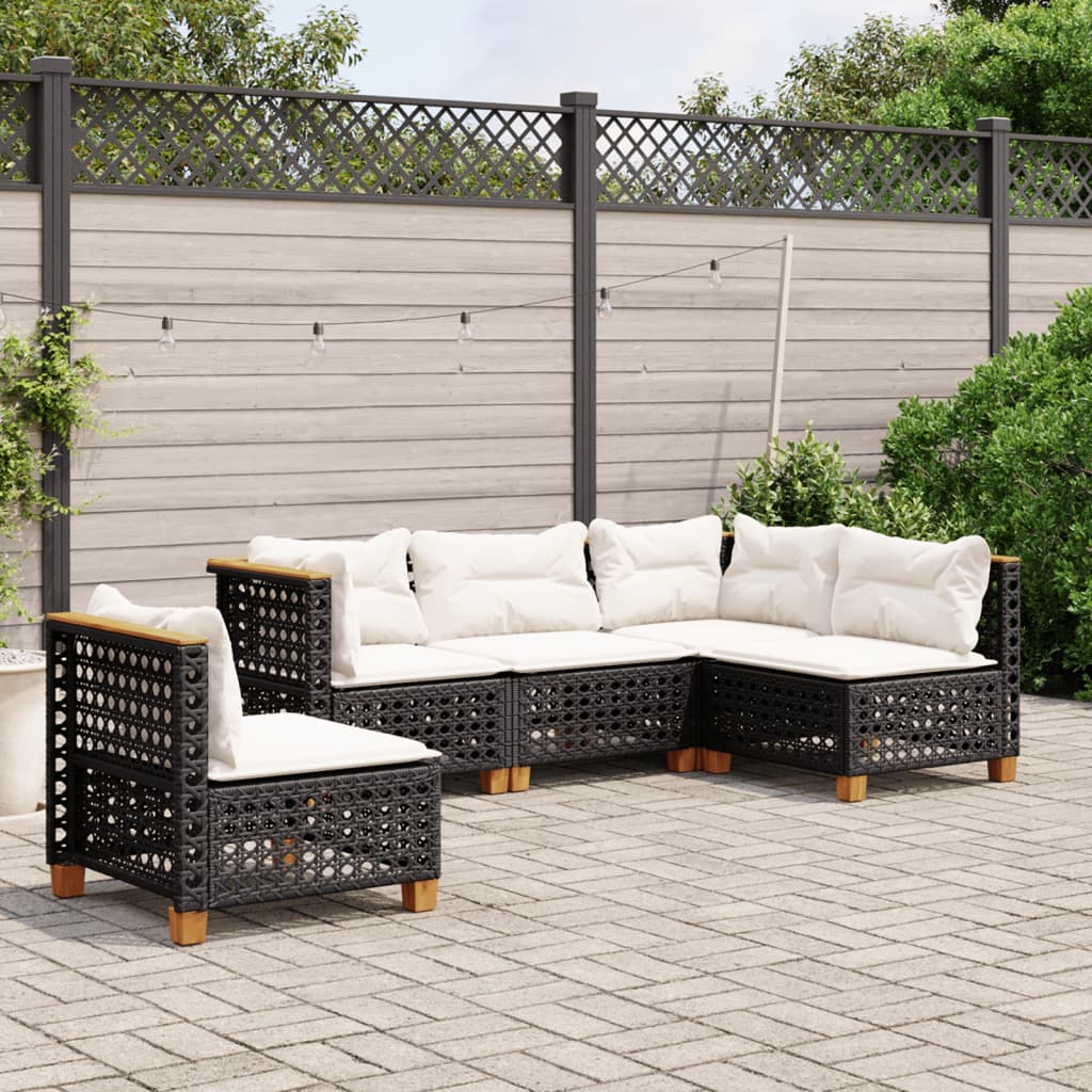 vidaXL 5-tlg. Garten-Sofagarnitur mit Kissen Schwarz Poly Rattan