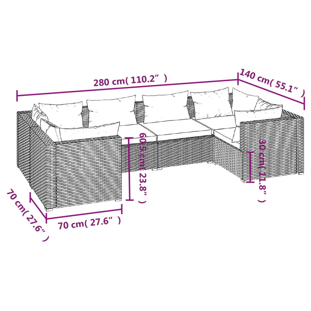 vidaXL 6-tlg. Garten-Lounge-Set mit Auflagen Poly Rattan Braun