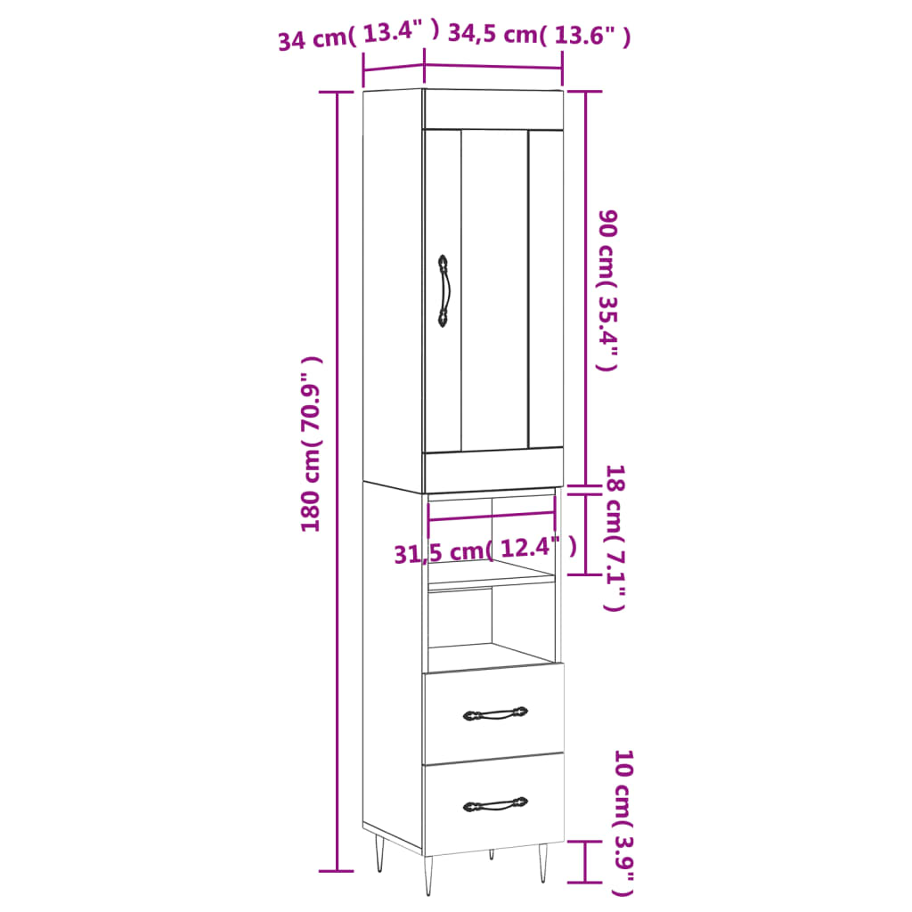 vidaXL Highboard Weiß 34,5x34x180 cm Holzwerkstoff