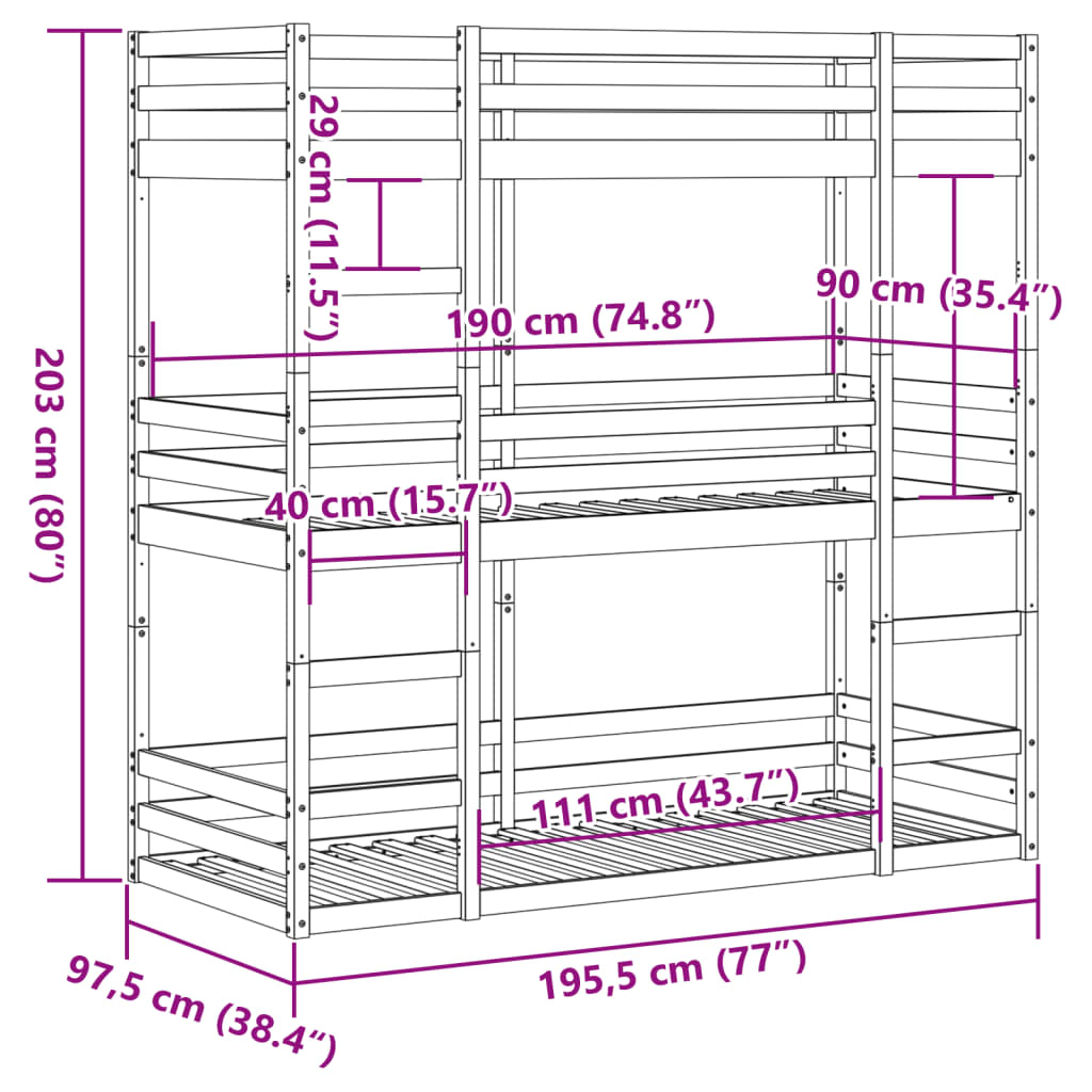 vidaXL Dreifach-Etagenbett Wachsbraun 90x190 cm Massivholz Kiefer