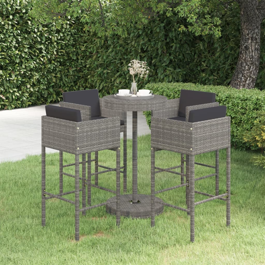 vidaXL 5-tlg. Gartenbar-Set mit Kissen Poly Rattan Grau