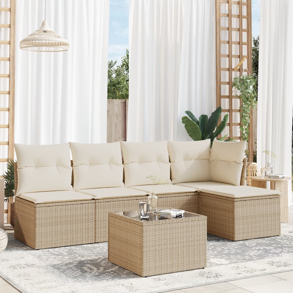 vidaXL 6-tlg. Garten-Sofagarnitur mit Kissen Beige Poly Rattan