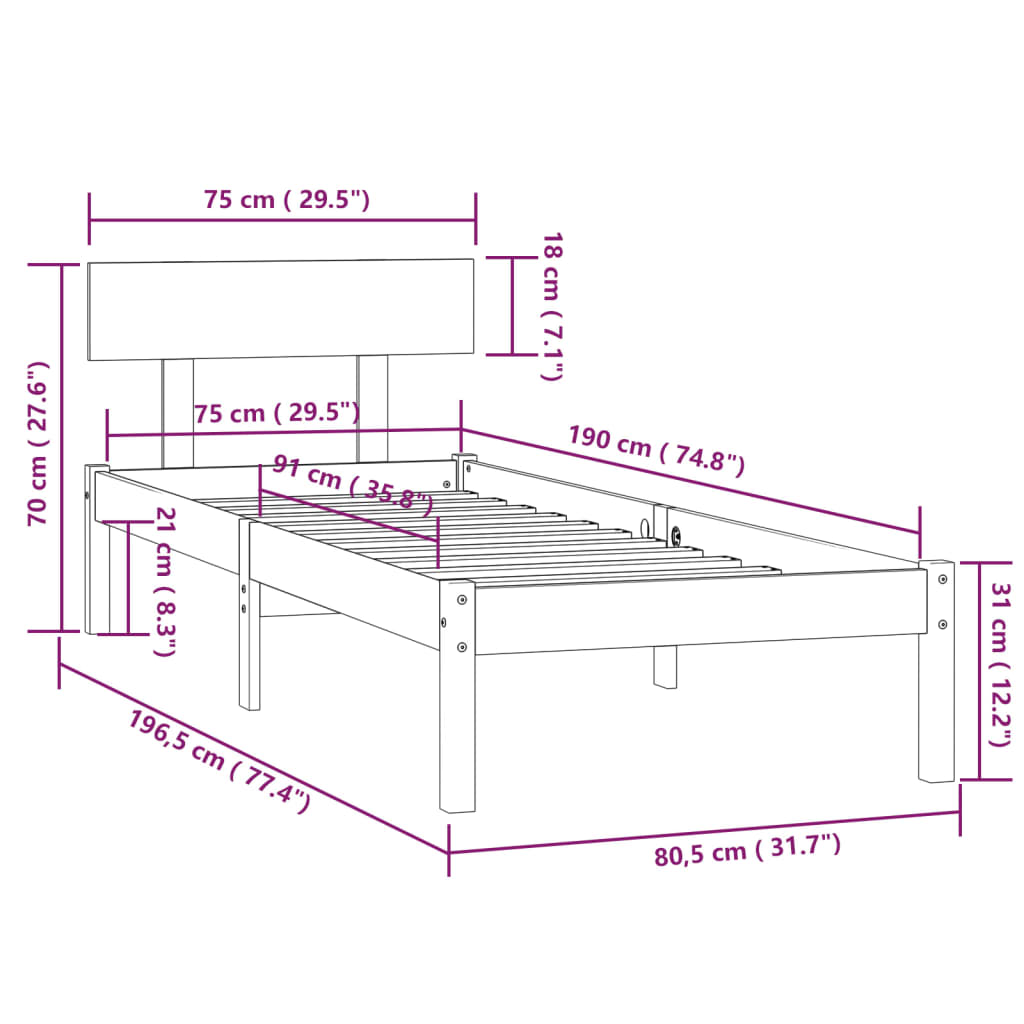 vidaXL Massivholzbett Schwarz 75x190 cm