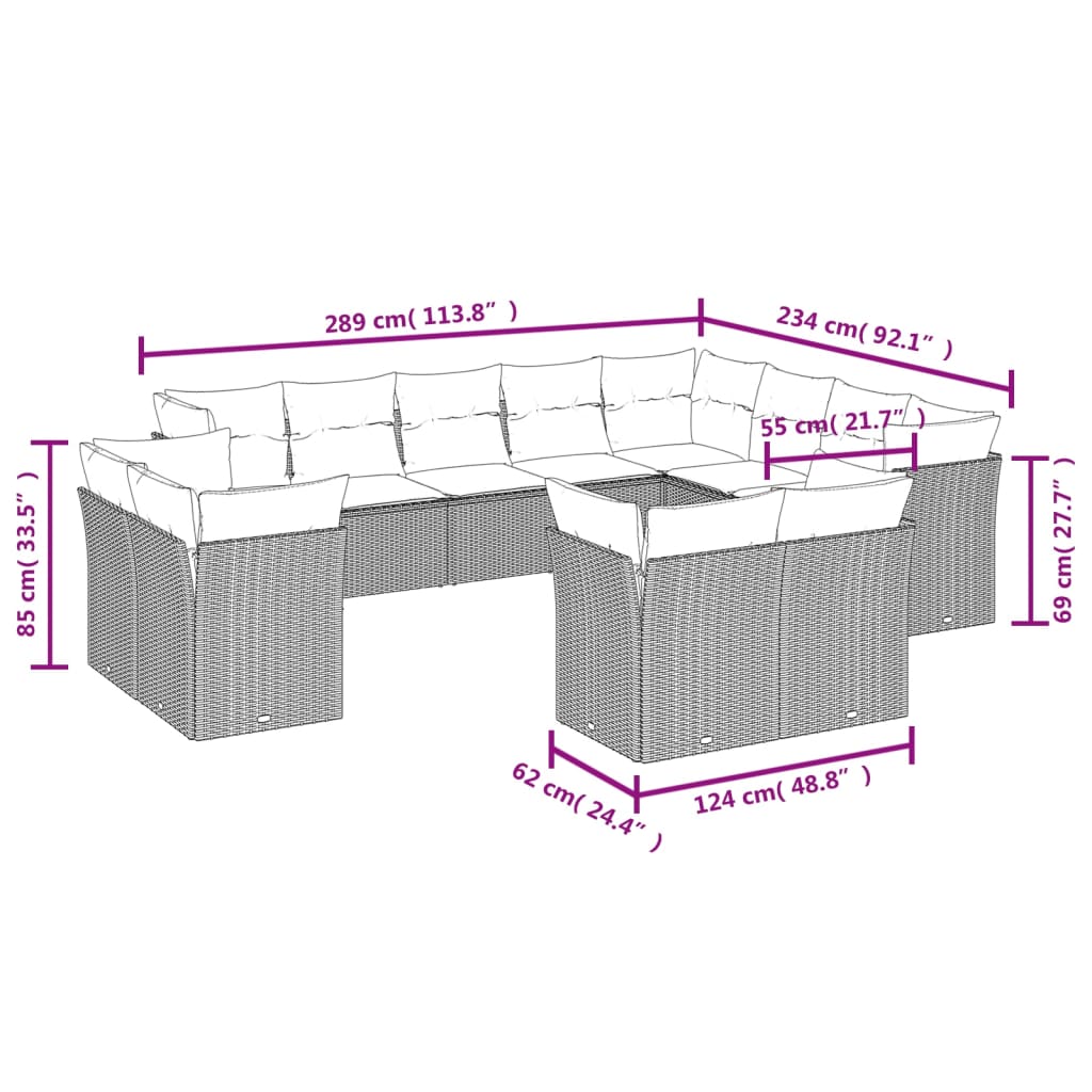 vidaXL 12-tlg. Garten-Sofagarnitur mit Kissen Braun Poly Rattan