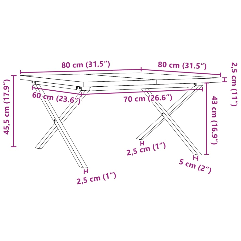 vidaXL Couchtisch X-Gestell 80x80x45,5cm Massivholz Kiefer & Gusseisen