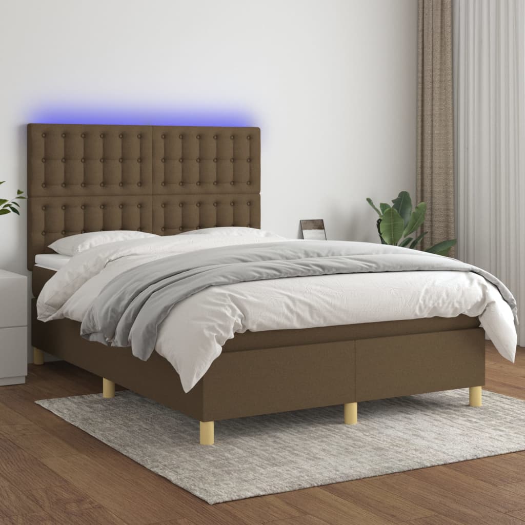 vidaXL Boxspringbett mit Matratze & LED Dunkelbraun 140x200 cm Stoff