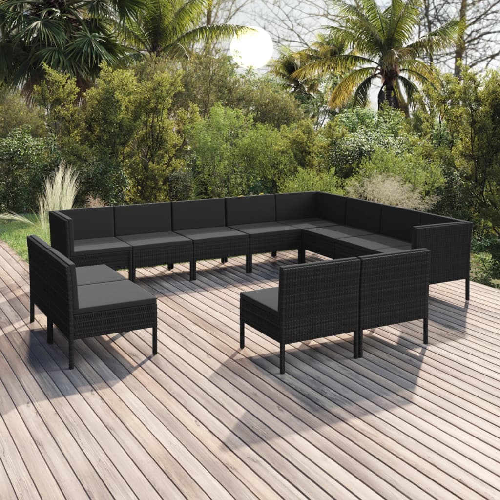 vidaXL 12-tlg. Garten-Lounge-Set mit Auflagen Poly Rattan Schwarz