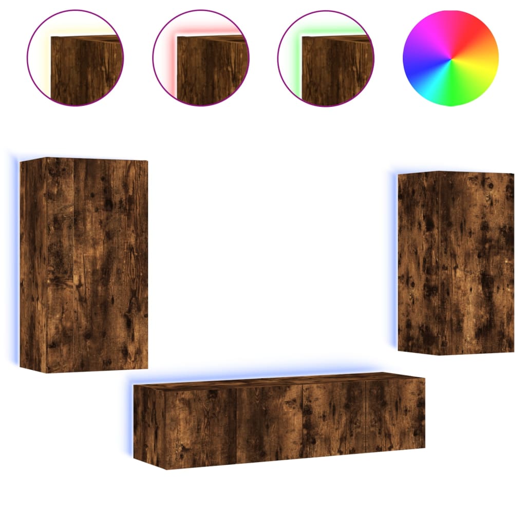 vidaXL 4-tlg. Wohnwand mit LED-Beleuchtung Räuchereiche Holzwerkstoff