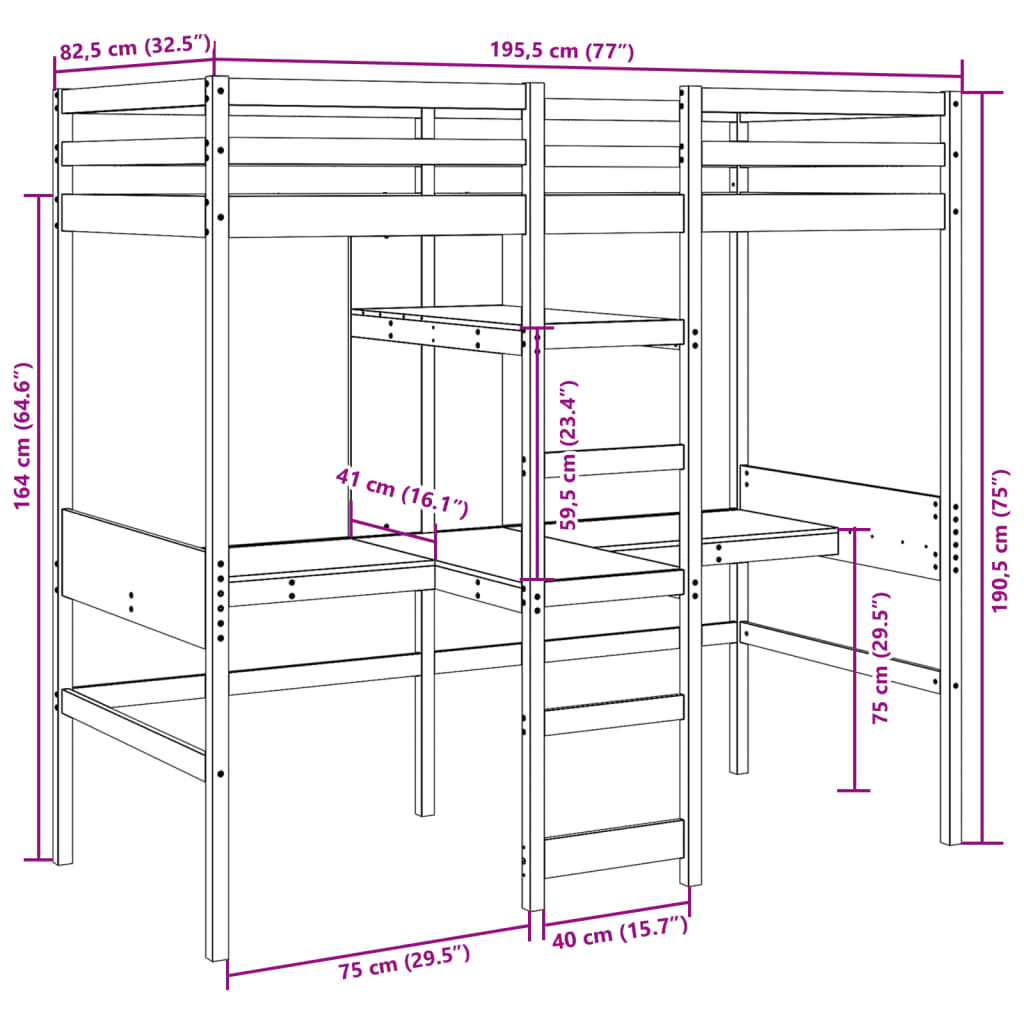 vidaXL Hochbett ohne Matratze Wachsbraun 75x190 cm Massivholz Kiefer