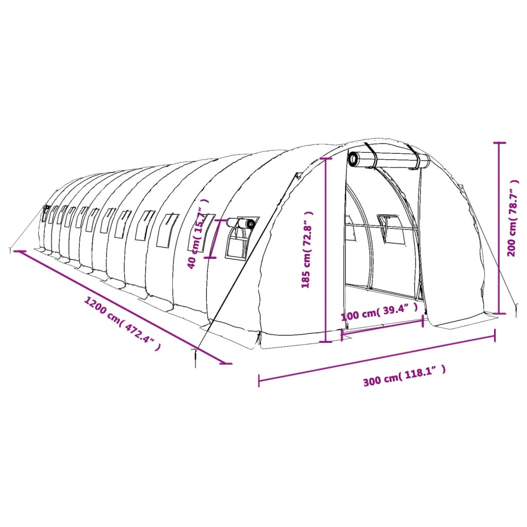 vidaXL Gewächshaus mit Stahlrahmen Grün 36 m² 12x3x2 m