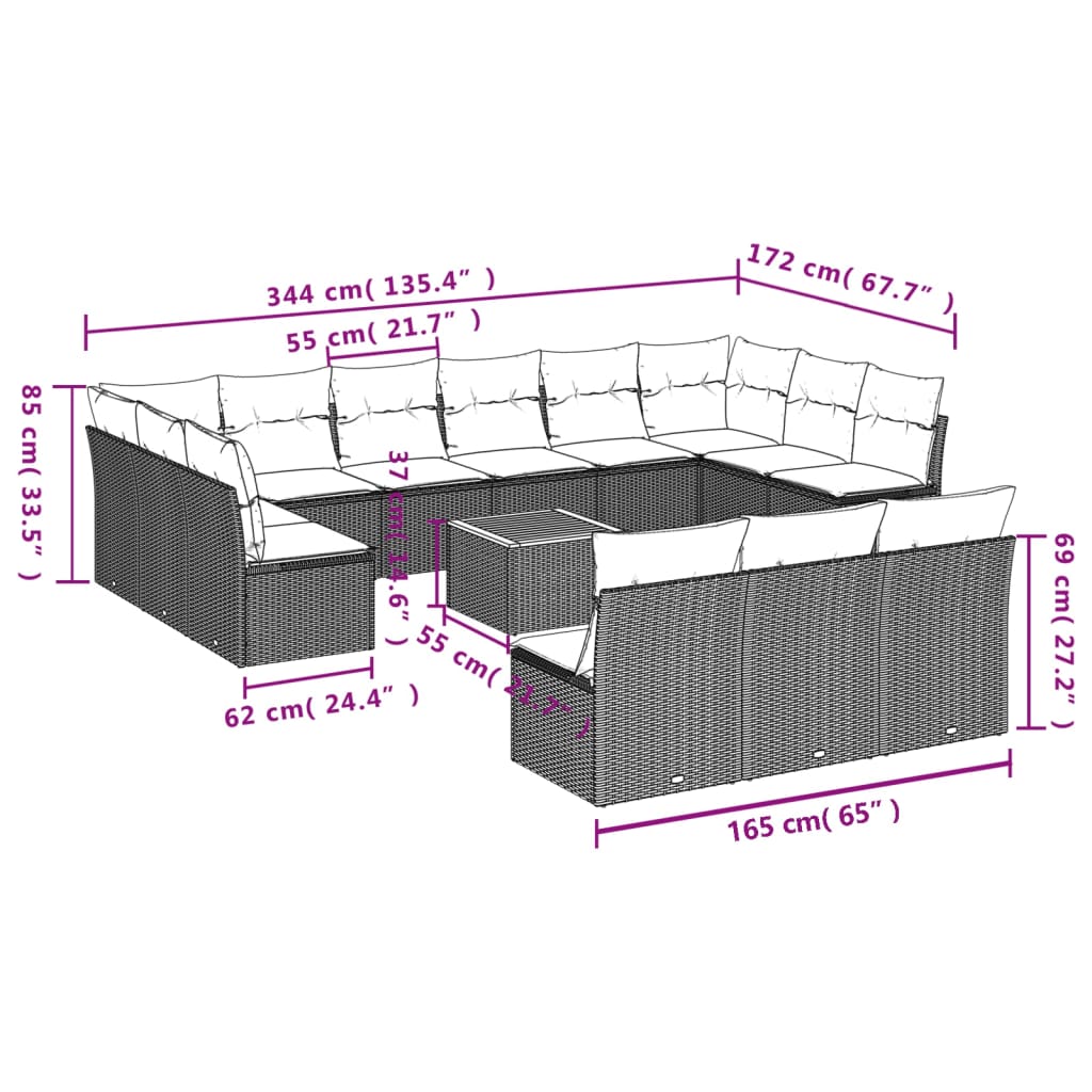 vidaXL 14-tlg. Garten-Sofagarnitur mit Kissen Schwarz Poly Rattan